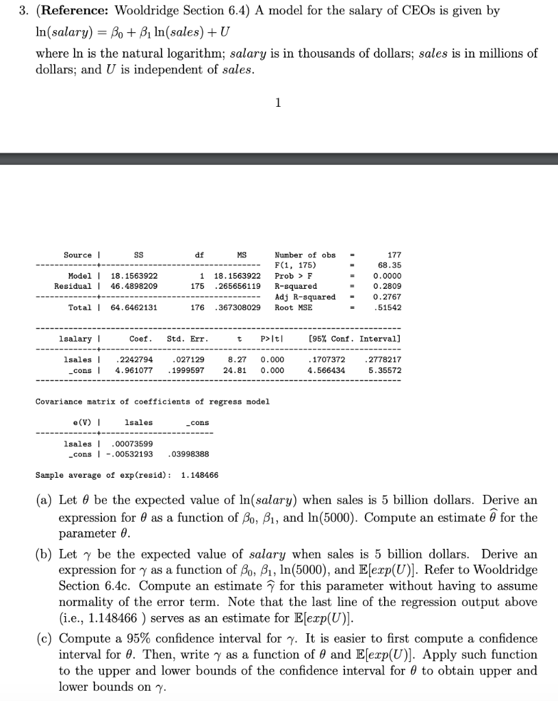 3. (Reference: Wooldridge Section 6.4) A model for the salary of
