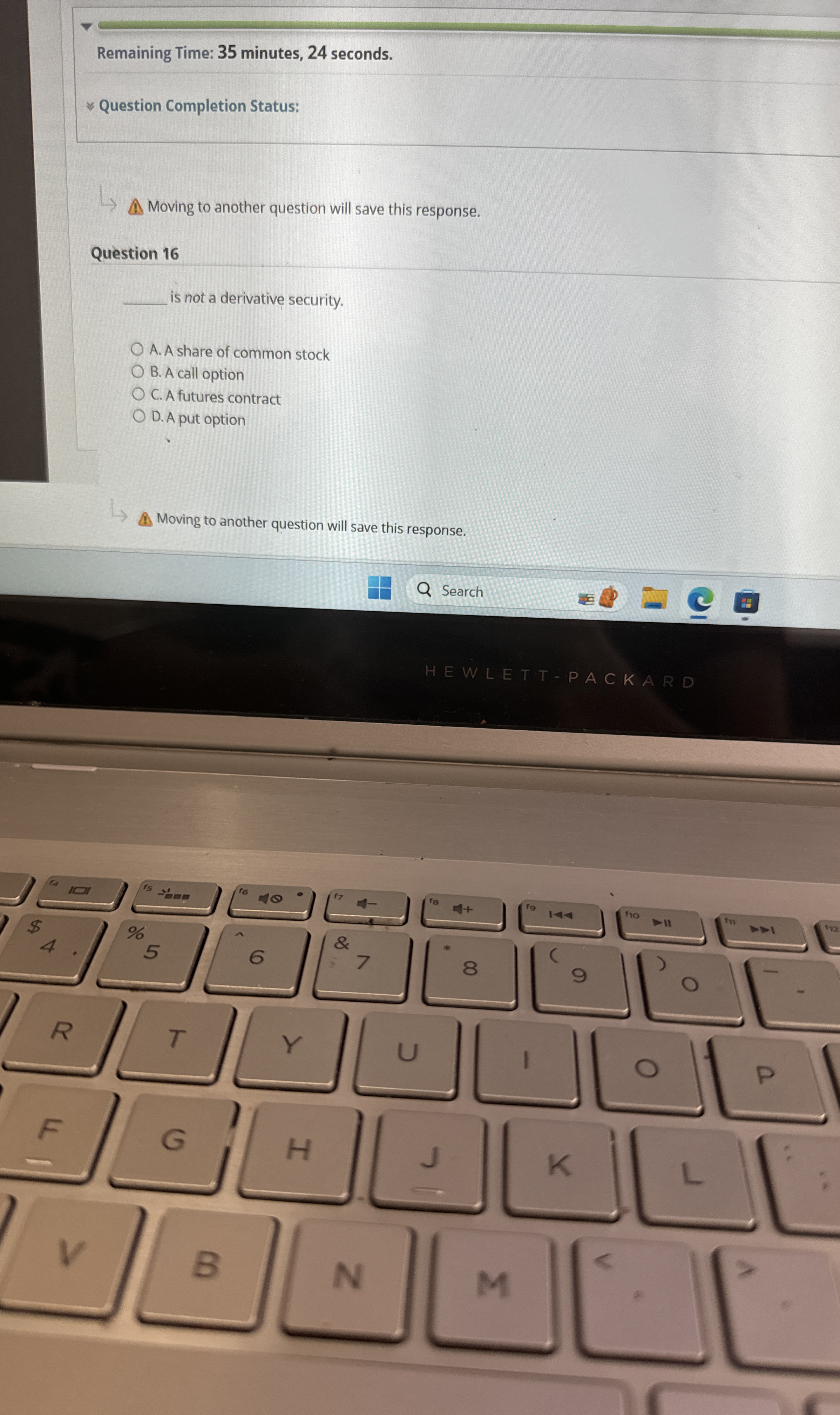  Remaining Time: 35 minutes, 24 seconds. Question Completion Status: Moving to