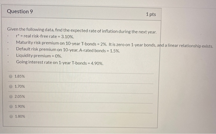  Question 9 1 pts Given the following data, find the expected