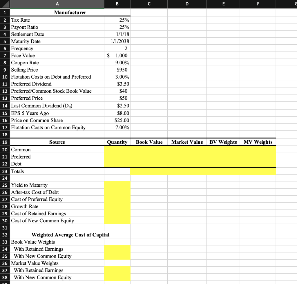 Please help with the yellow boxes and show formulas A B C