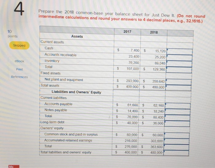  4 Prepare the 2018 common-base year balance sheet for Just Dew