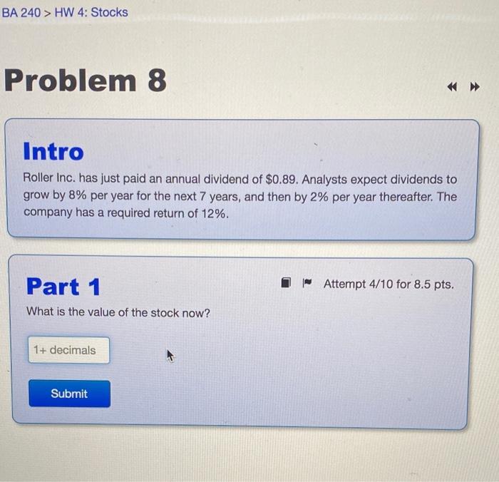  BA 240 > HW 4: Stocks Problem 8 Intro Roller Inc.