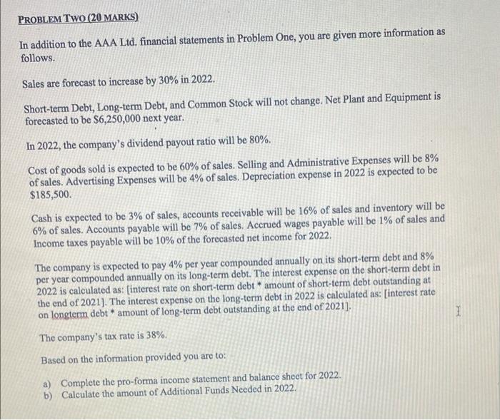 PROBLEM TWO (20 MARKS) In addition to the AAA Ltd. financial