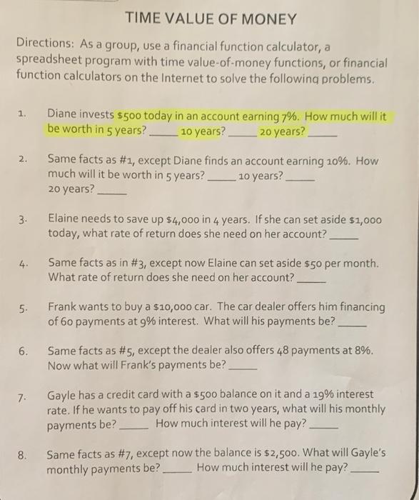 Please explain in a hand written formula (Not Excel) TIME VALUE OF