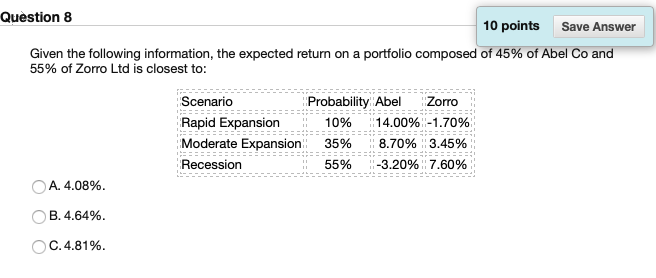 Question 8 10 points Save Answer Given the following information, the