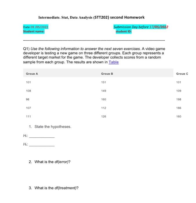  Intermediate. Stat, Data Analysis (STT202) second Homework Date 09/05/2022 Submission Day