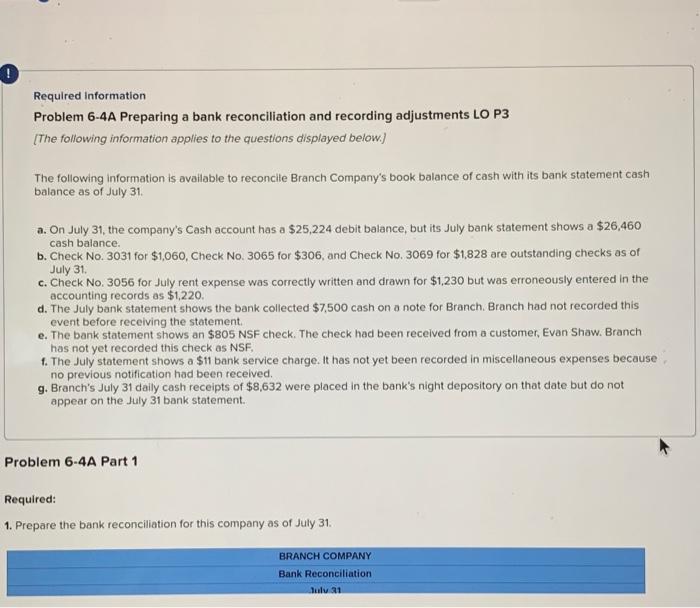  O Required Information Problem 6-4A Preparing a bank reconciliation and recording