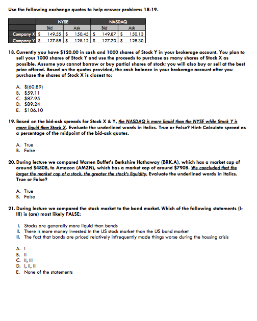  Use the following exchange quotes to help answer problems 18-19 NYSE