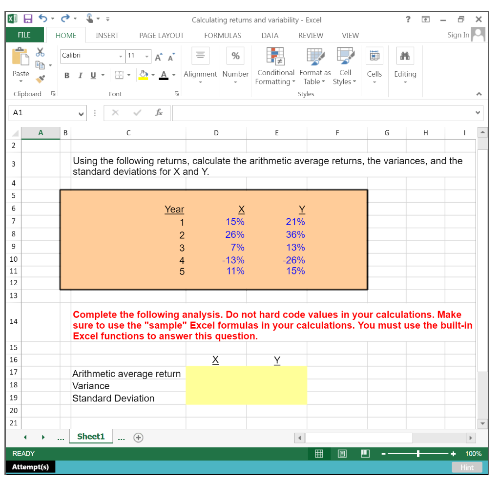  Calculating returns and variability - Excel FILE HOME INSERT PAGE LAYOUT