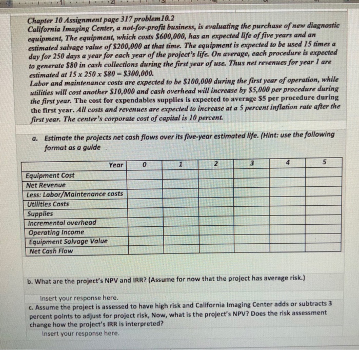  Chapter 10 Assignment page 317 problem10.2 California Imaging Center, a not-for-profit