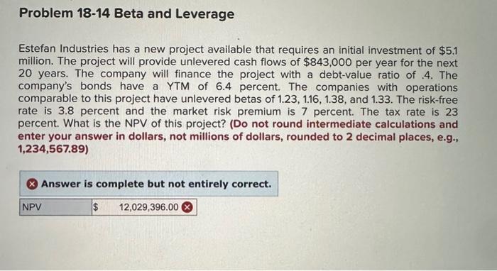 please correct this answer Problem 18-14 Beta and Leverage Estefan Industries has