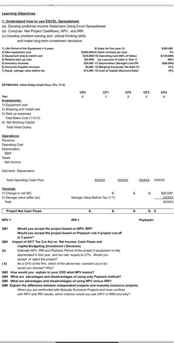  Learning Objectives 1. Understand how to use EXCEL Spreadsheet (a) Develop