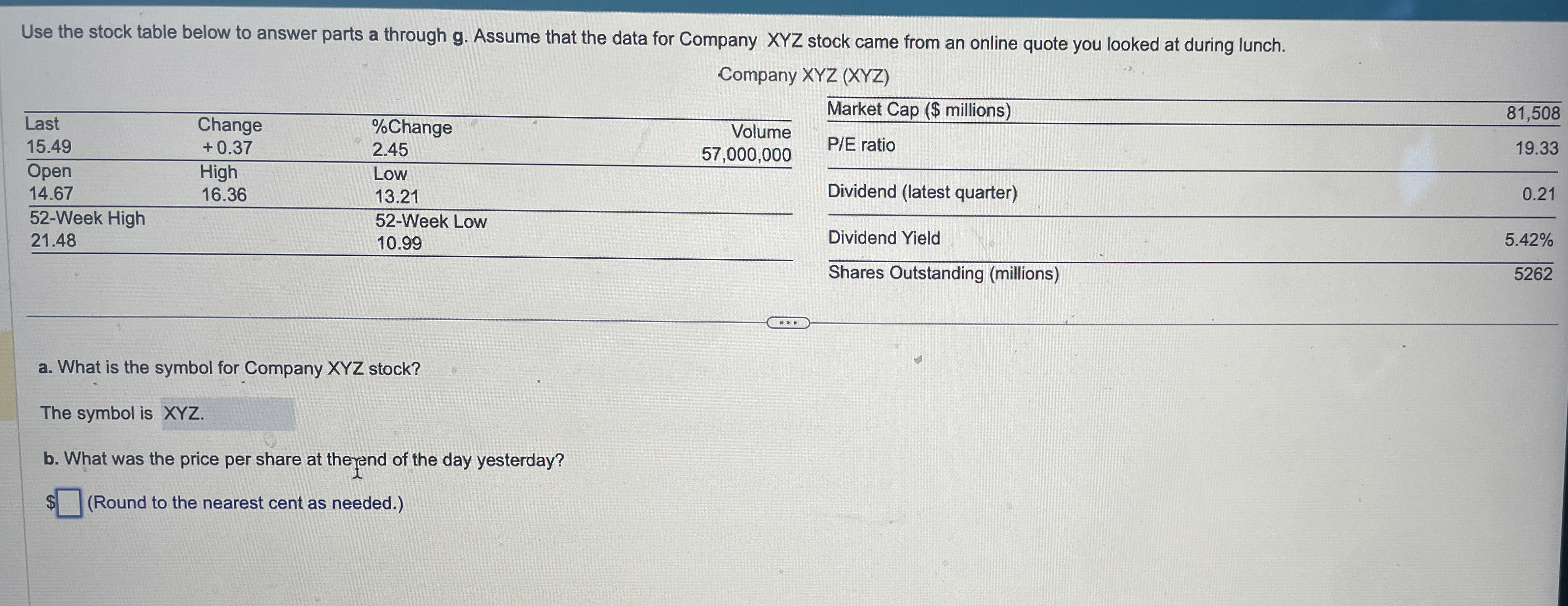  Use the stock table below to answer parts a through g.