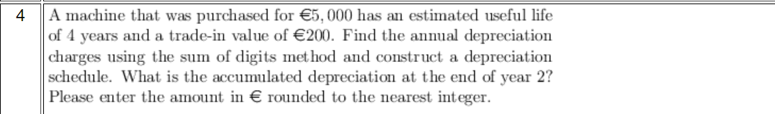 4 A machine that was purchased for 5,000 has an estimated