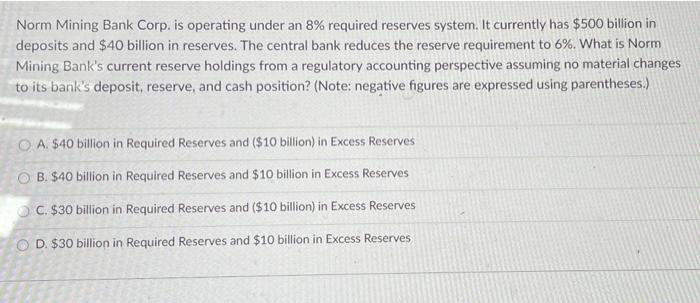  Norm Mining Bank Corp. is operating under an 8% required reserves