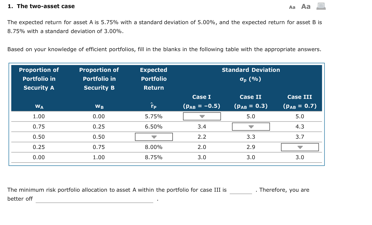  1. The two-asset case Aa Aa E The expected return for