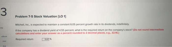  Problem 7-5 Stock Valuation (LO 1] Mitchell, Inc., is expected to