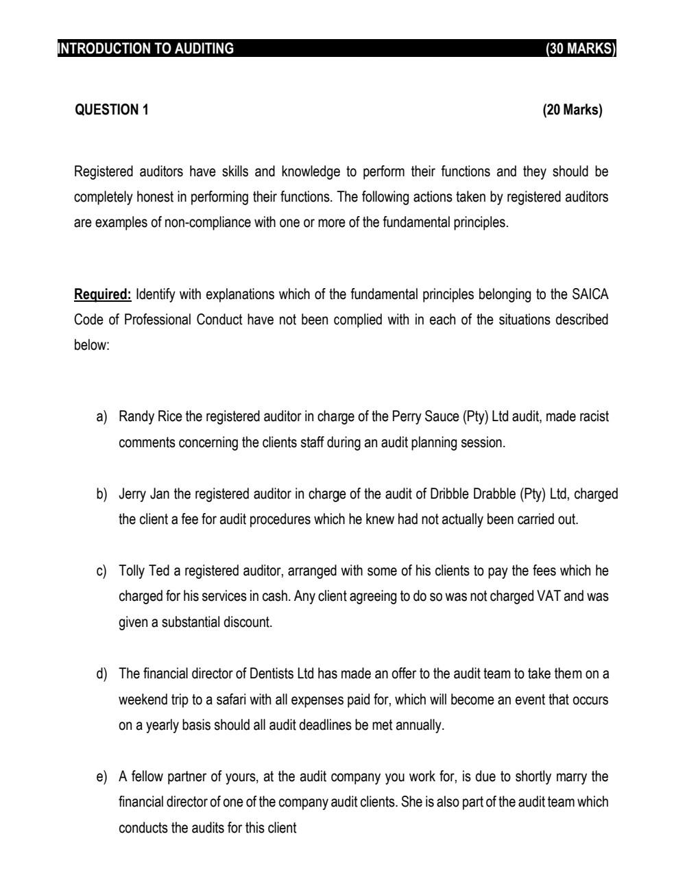 INTRODUCTION TO AUDITING (30 MARKS) QUESTION 1 (20 Marks) Registered auditors
