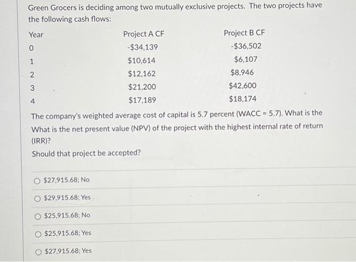 Green Grocers is deciding among two mutually exclusive projects. The two