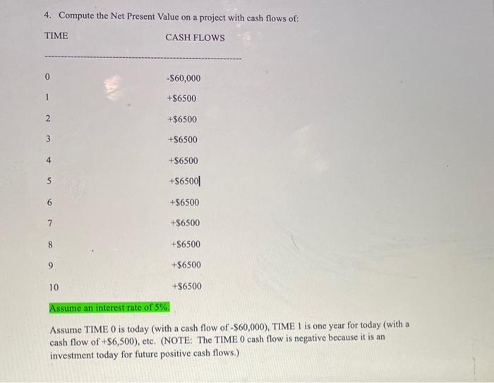  4. Compute the Net Present Value on a project with cash