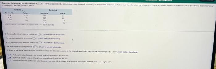  (Computing the expected rate of return and risk) After a tumultuous