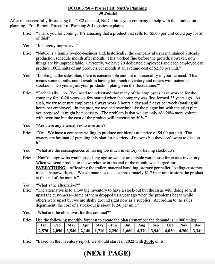 BCOR 3750 - Project 1B: NutCo Planning (30 Points) After the