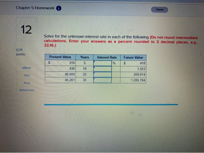  Chapter 5 Homework A Saved 12 Solve for the unknown interest
