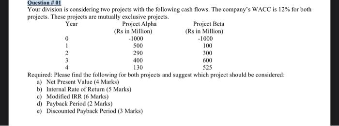  Answer is ASAP Question #01 Your division is considering two projects