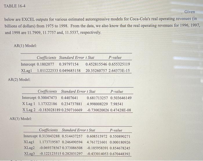  TABLE 16-4 Given below are EXCEL outputs for various estimated autoregressive