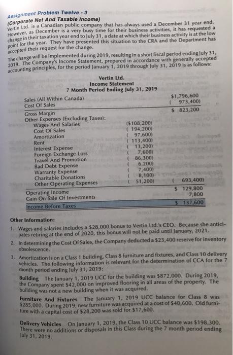  This a a taxation question Assignment Problem Twelve - 3 (Corporate