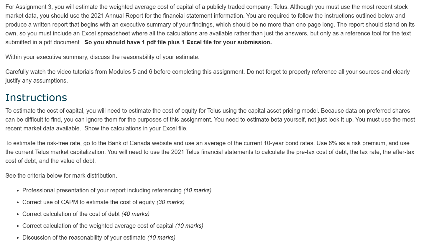  For Assignment 3, you will estimate the weighted average cost of