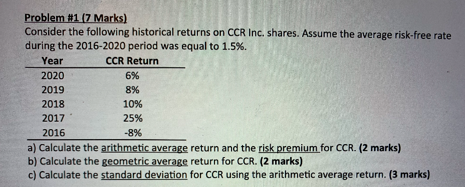  Problem #1 (7 Marks) Consider the following historical returns on CCR
