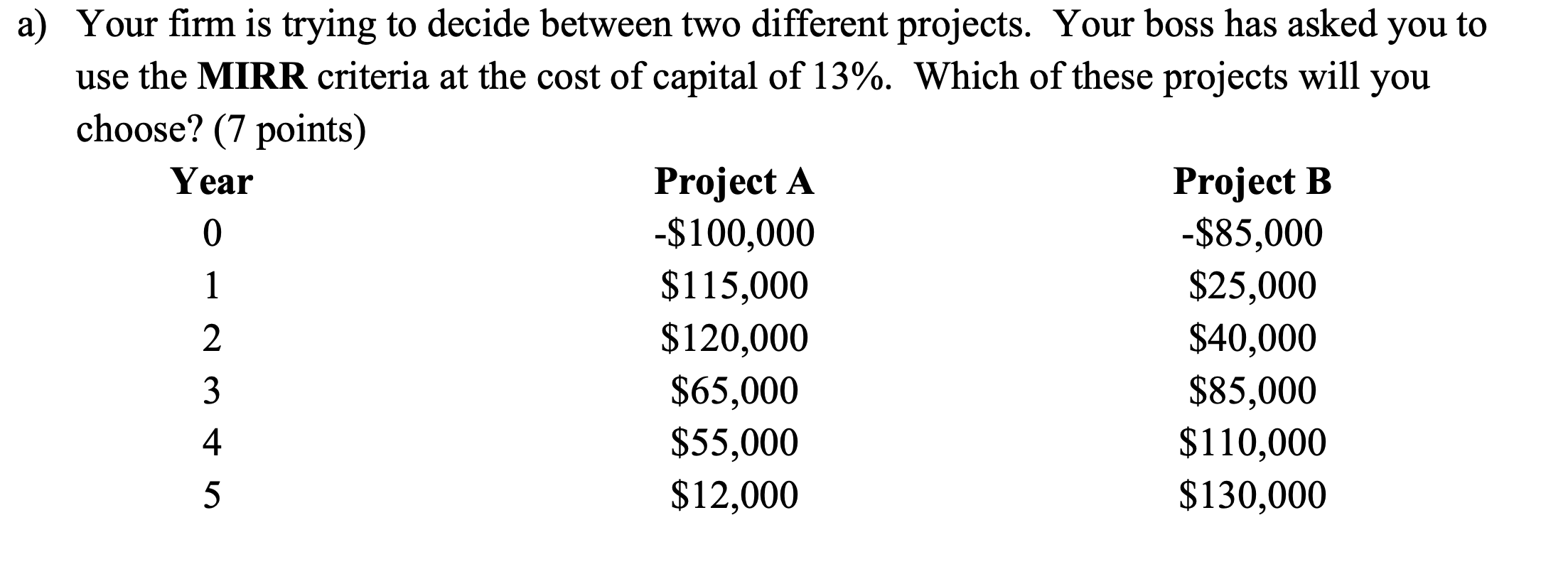 a) Your firm is trying to decide between two different projects.
