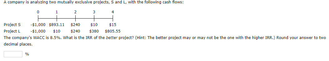  A company is analyzing two mutually exclusive projects, S and L,