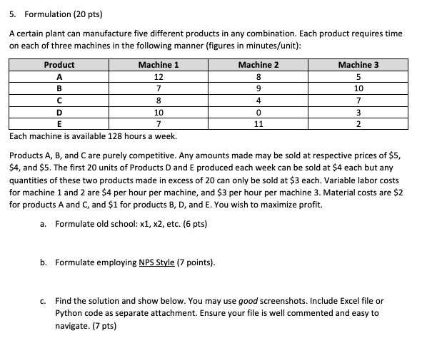 7 D 0 5. Formulation (20 pts) A certain plant can