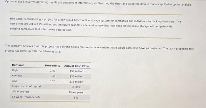  BTR Corp. is considering a project for a new cloud-based online