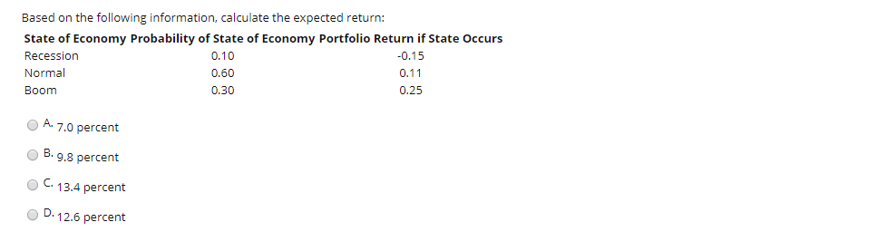  Based on the following information, calculate the expected return: State of