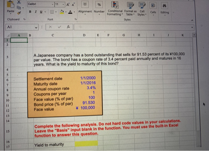 how do you solve this problem using the =YIELD formula on excel?