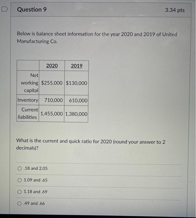 need help!!! thank you Question 9 3.34 pts Below is balance sheet