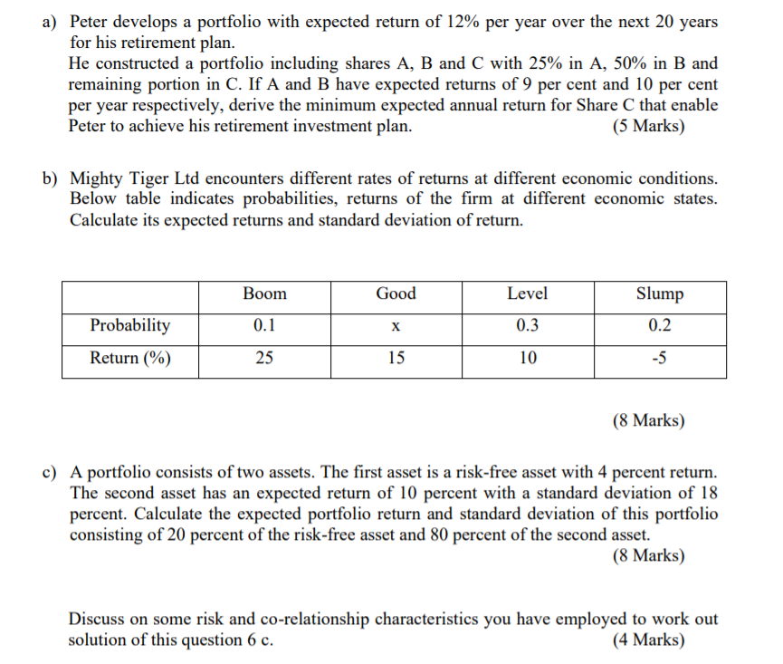 a) Peter develops a portfolio with expected return of 12% per