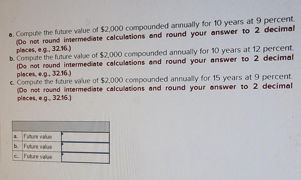  a. Compute the future value of $2,000 compounded annually for 10