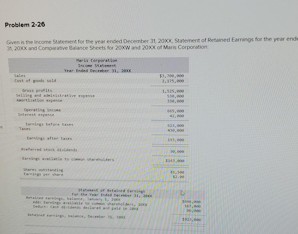  Problem 2-26 Given is the Income Statement for the year ended