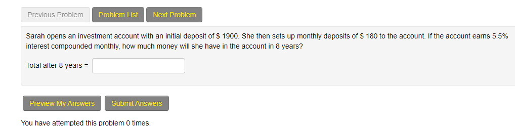 Previous Problem Problem List Next Problem Sarah opens an investment account