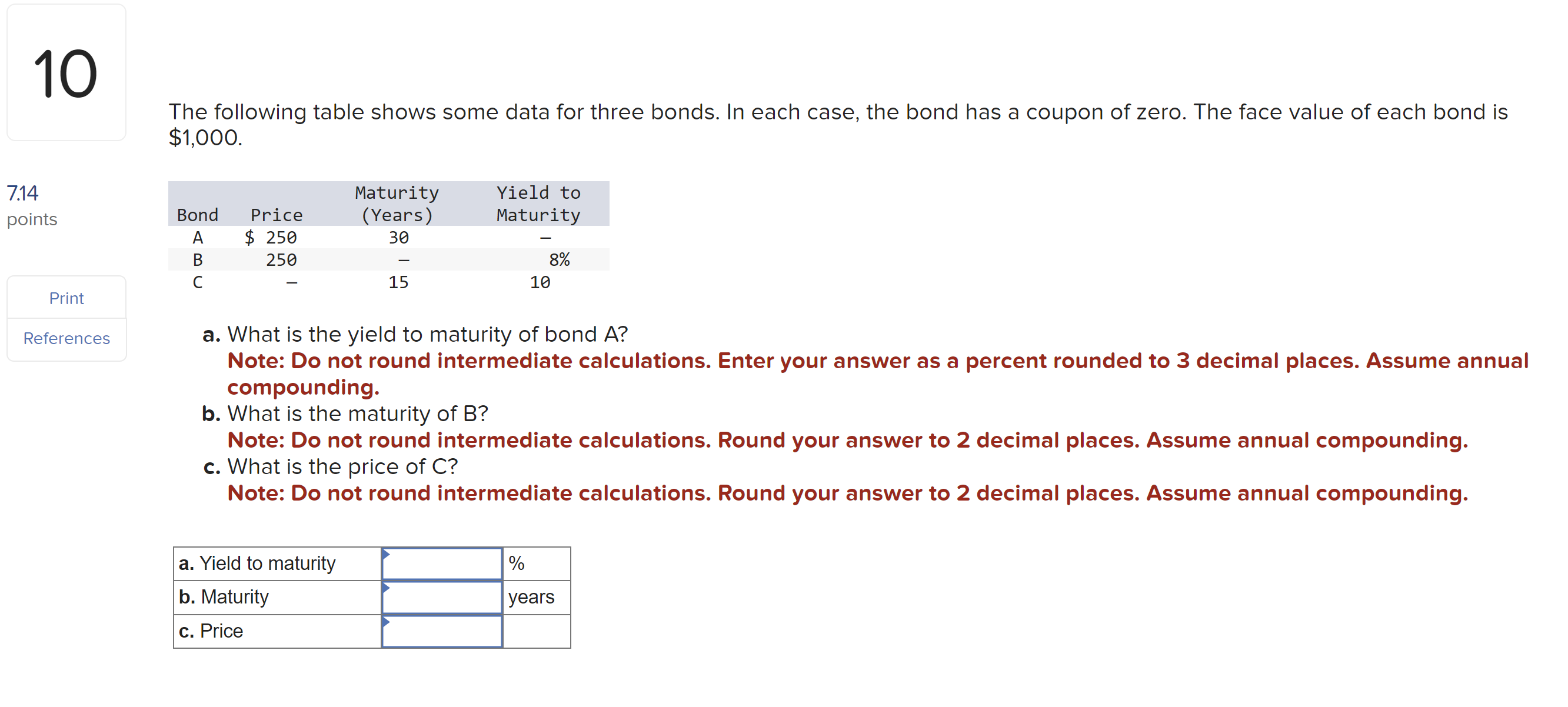 The following table shows some data for three bonds. In each
