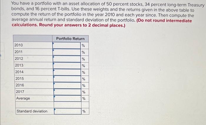 a portfolio with an asset allocation of 50 percent stocks, 34 percent