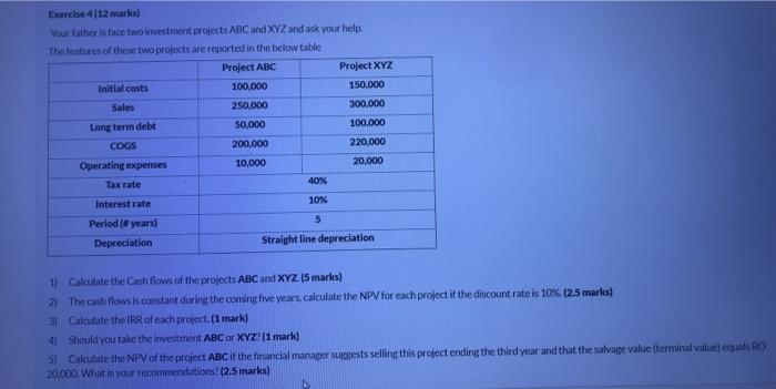 Exercise 4(12 marks) Your father is face two investment projects ABC