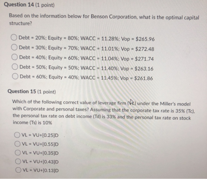  Question 14 (1 point) Based on the information below for Benson
