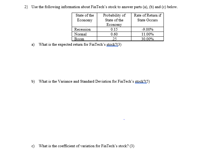 Please show all work 2) Use the following information about FinTech's stock