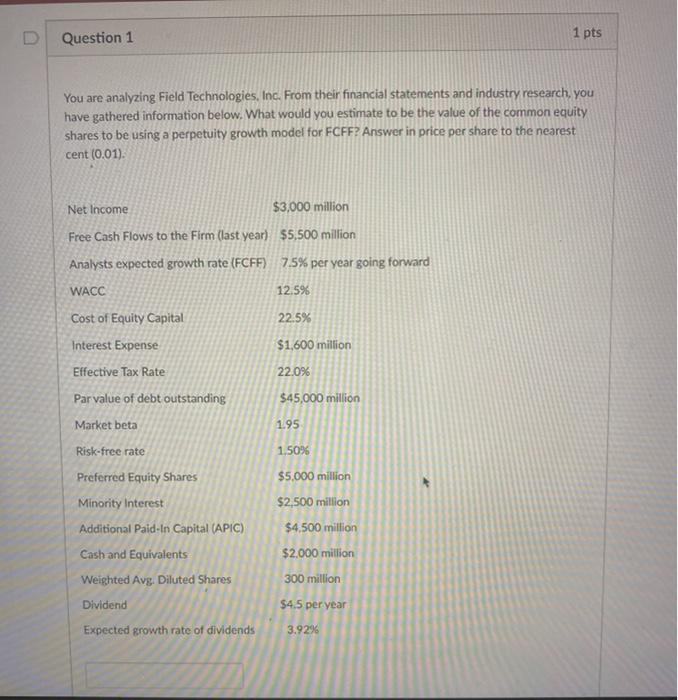  Question 1 1 pts You are analyzing Field Technologies, Inc. From