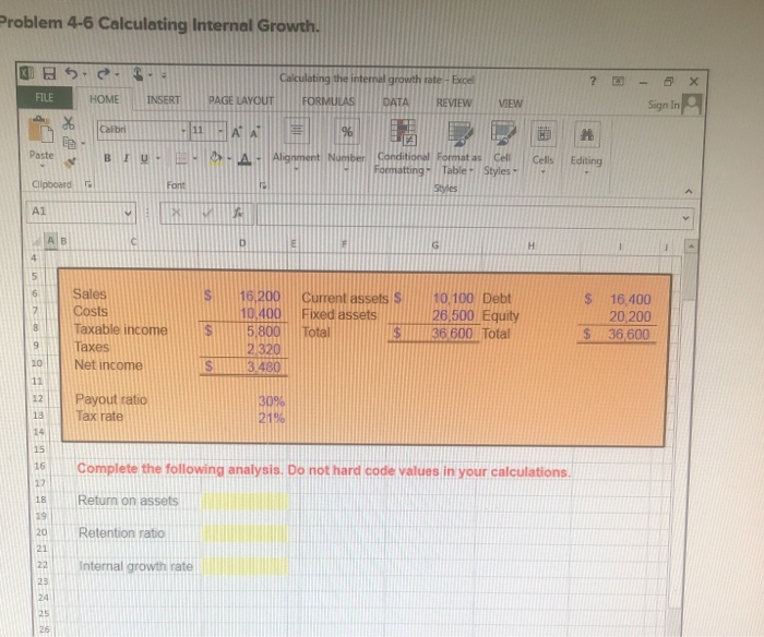  Problem 4-6 Calculating Internal Growth. OBS. ? X Calculating the inter